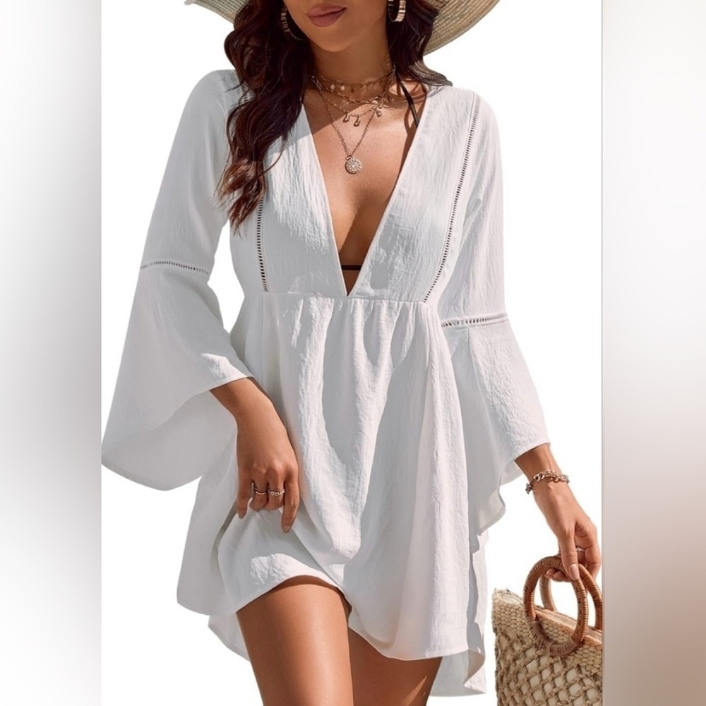 BLOOMING JELLY dress suit coverup lace inlaid deep V-neck bell sleeve NEW size S